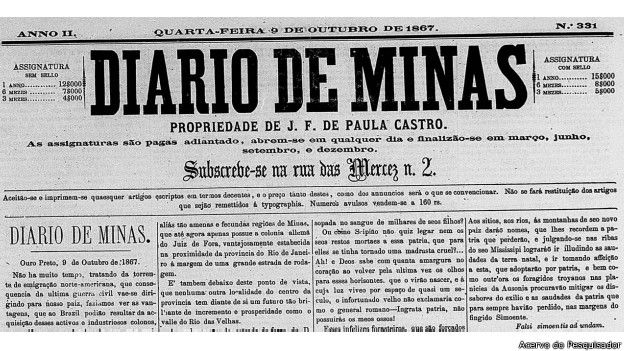 Diário de Minas: Outubro de 1867. Foto: Acervo do pesquisador