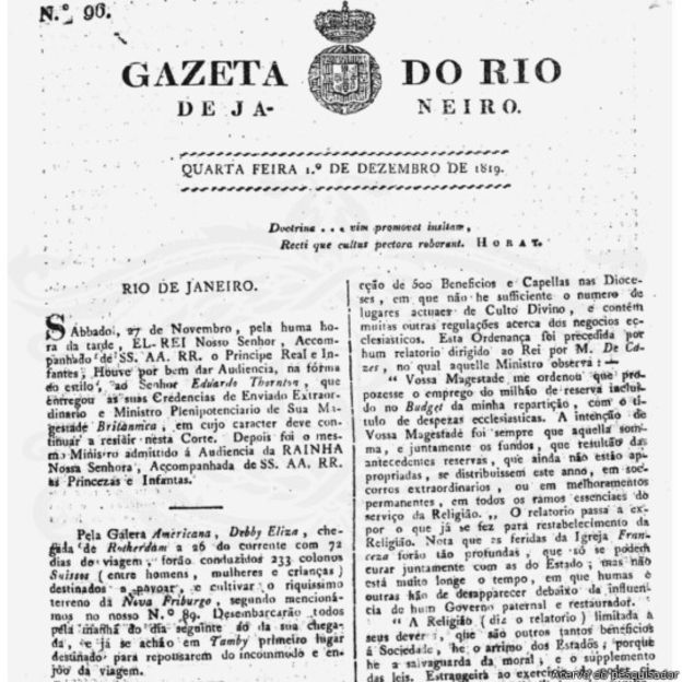 Gazeta do Rio de Janeiro - de dezembro de 1819. Acervo do pesquisador