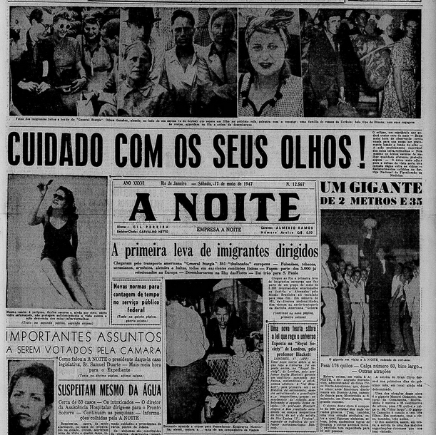 Trecho da capa do jornal A Noite de 17 de maio de 1947