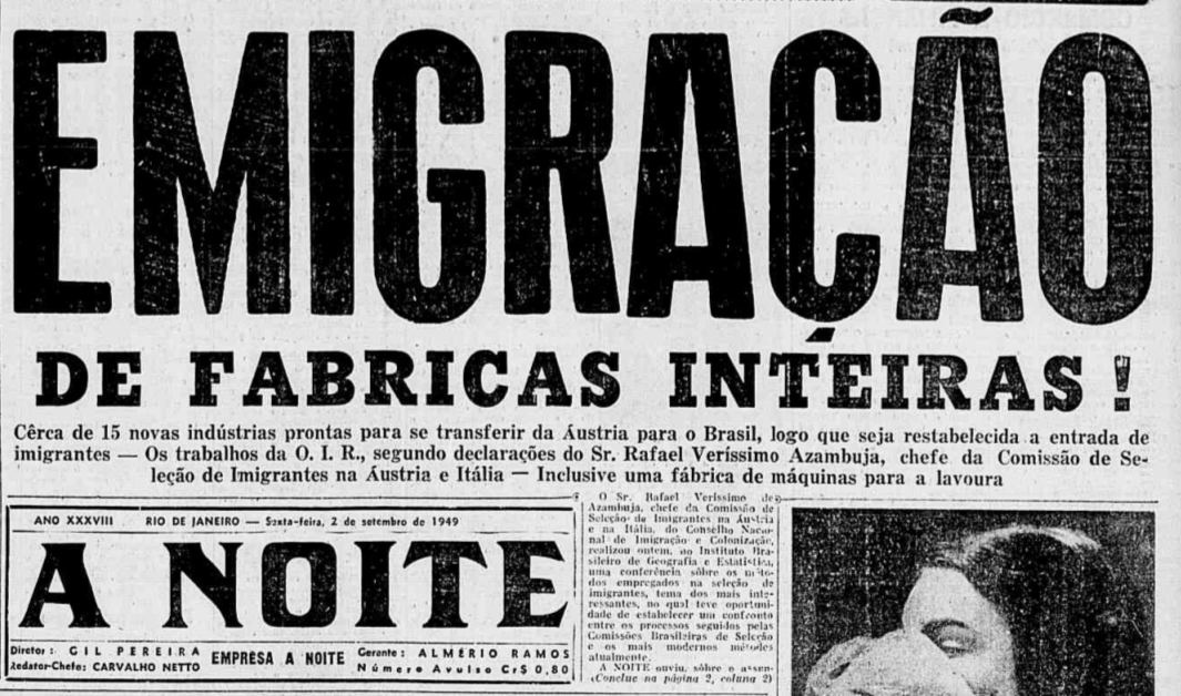 Trecho da capa do jornal A Noite de 2 de setembro de 1949