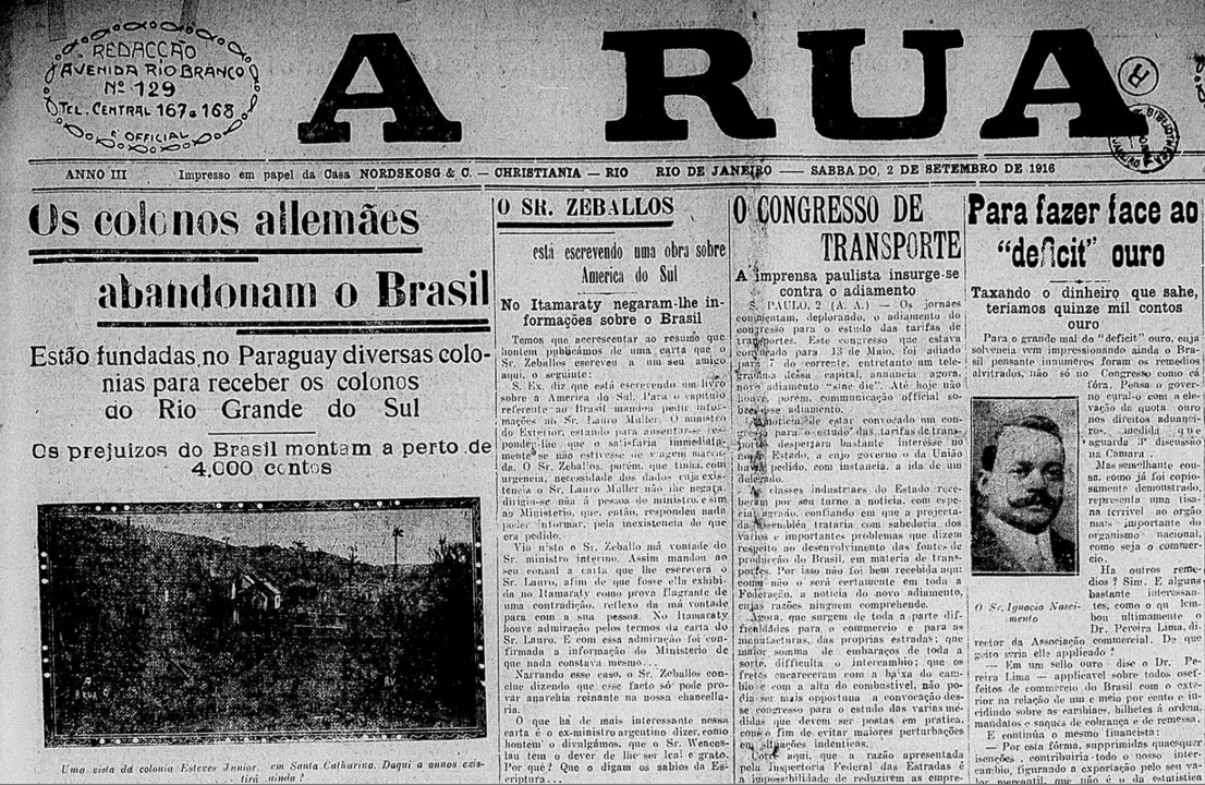 Trecho da edição de 2 de setembro de 1916 do jornal carioca A Rua.