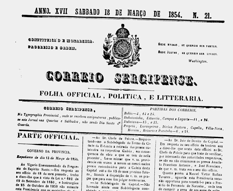 Trecho da capa do periódico “Correio Sergipense”, edição de 18 de março de 1854.