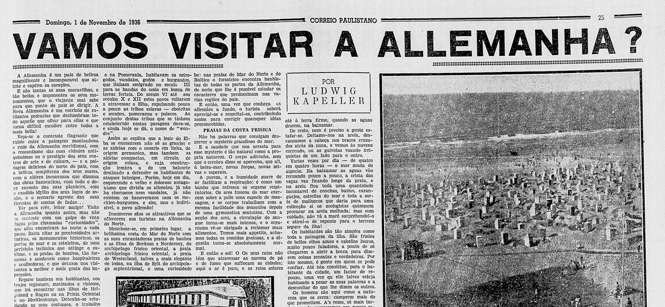 Artigo de página inteira do jornal Correio Paulistano, no dia 1o de novembro de 1936, registra os antepassados dos pomeranos. Imagem: reprodução