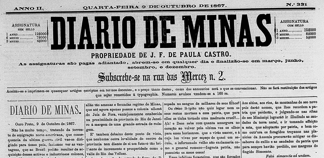 Trecho da capa do Diário de Minas, edição de 9 de outubro de 1867