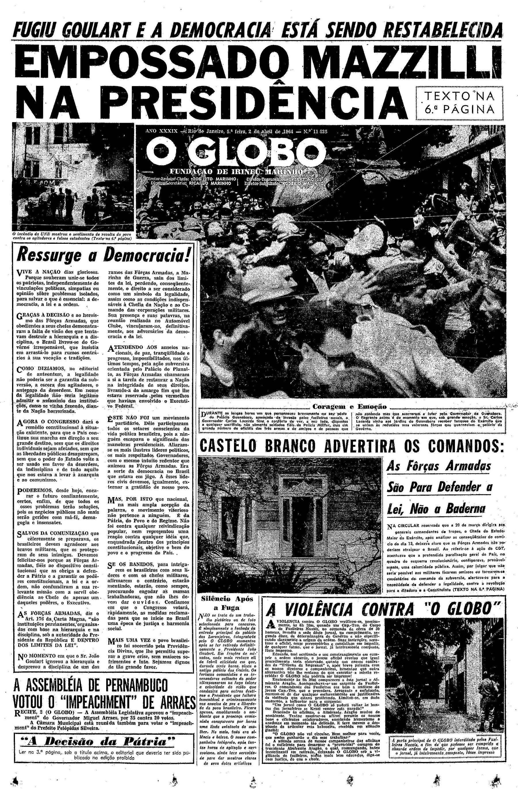 Capa do jornal O Globo de 2 de abril de 1964.