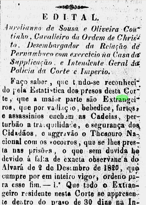 Diário do Rio de Janeiro, edição de 19 de abril de 1832 (recorte)