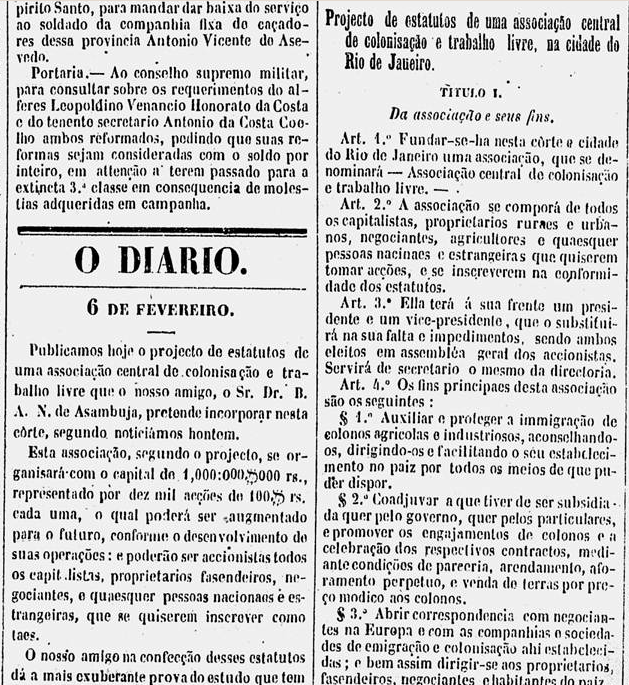 Diário do Rio de Janeiro de 6 de fevereiro de 1853 (trecho da capa)