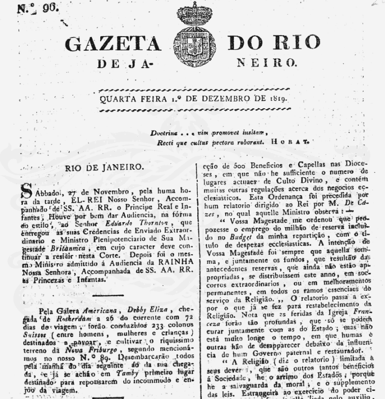 Trecho da capa da Gazeta do Rio de Janeiro, que era publicado sob censura da Corte portuguesa, em sua edição de primeiro de dezembro de 1819.