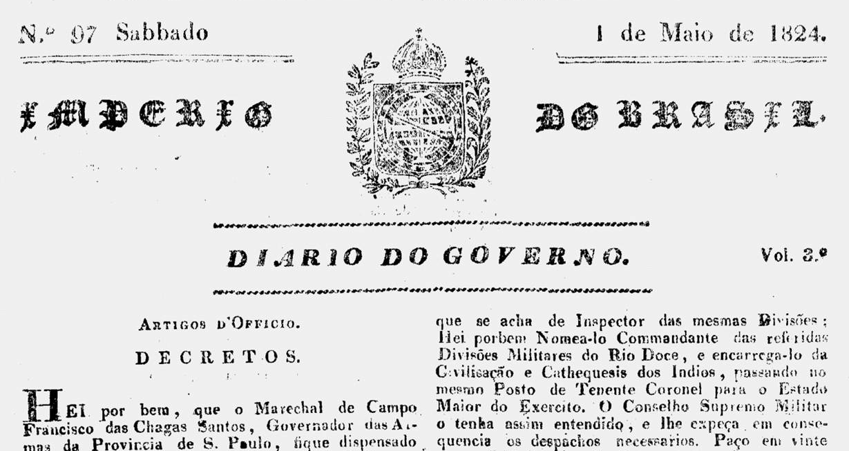Trecho da capa do diário do governo “Império do Brasil”, em sua edição de 01 de maio de 1824. Imagem: Reprodução/Biblioteca Nacional