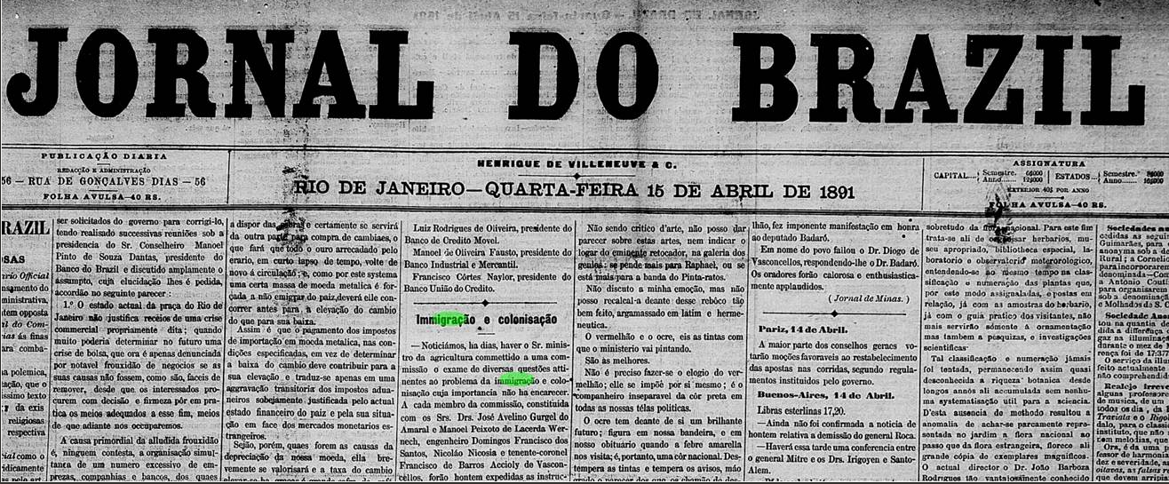 Trecho da capa do  Jornal do Brasil de 15 de abril de 1891