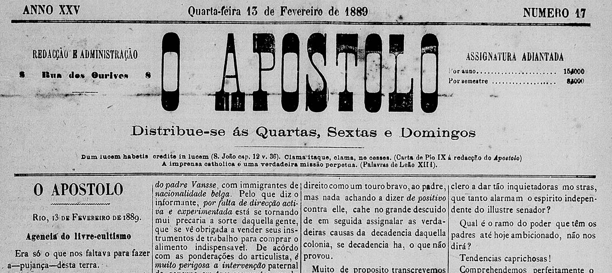 Trecho do jornal O Apóstolo de 13 de fevereiro de 1889