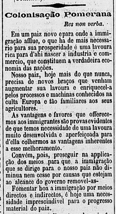 O jornal 'O Cruzeiro' dá destaque aos pomeranos em sua edição de 28 de janeiro de 1878, sob o título 'Colonisação Pomerana'