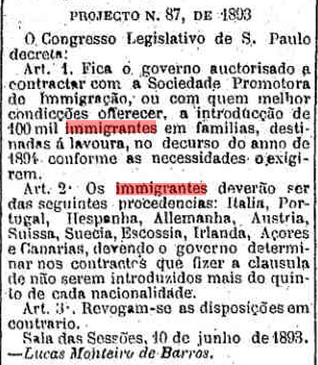 O projeto de lei do deputado Lucas Monteiro de Barros para a imigração em São Paulo em 1894, reproduzido pelo jornal O Estado de S. Paulo: provavelmente o menor PL sobre o tema de toda a História do Brasil