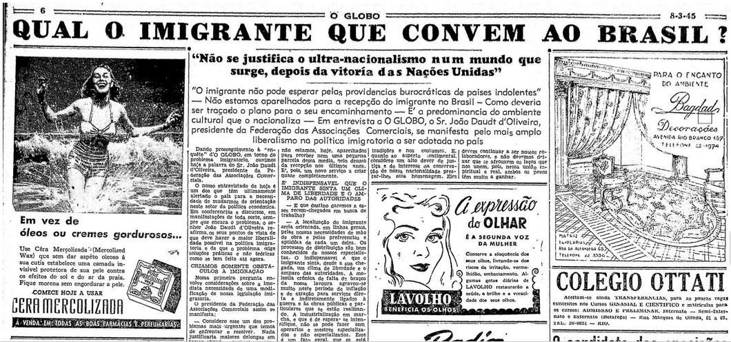 Trecho da página 6 da edição de 8 de março de 1945 do jornal O Globo