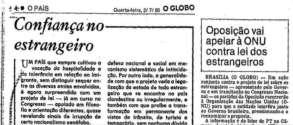 Trecho da edição de 2 de julho de 1980 do jornal O Globo
