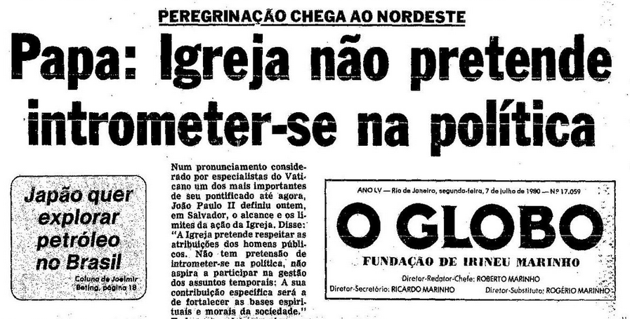 Trecho da capa da edição de 7 de julho de 1980 do jornal O Globo