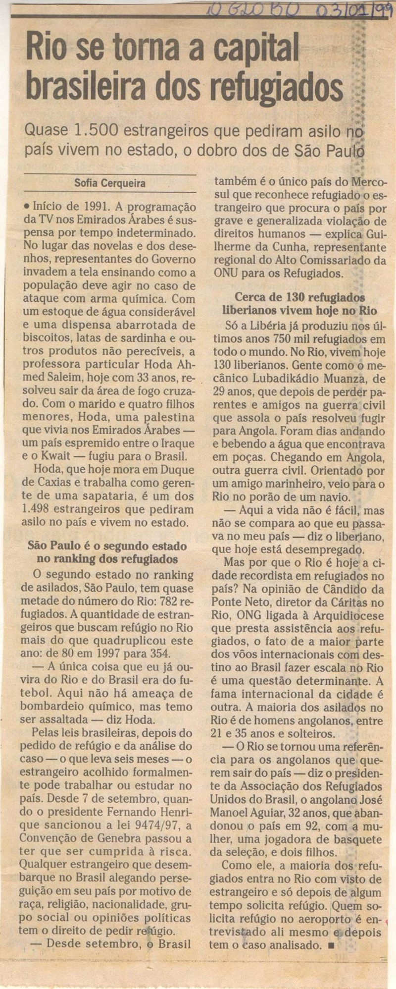 Matéria no diário carioca O Globo, 3 de janeiro de 1999