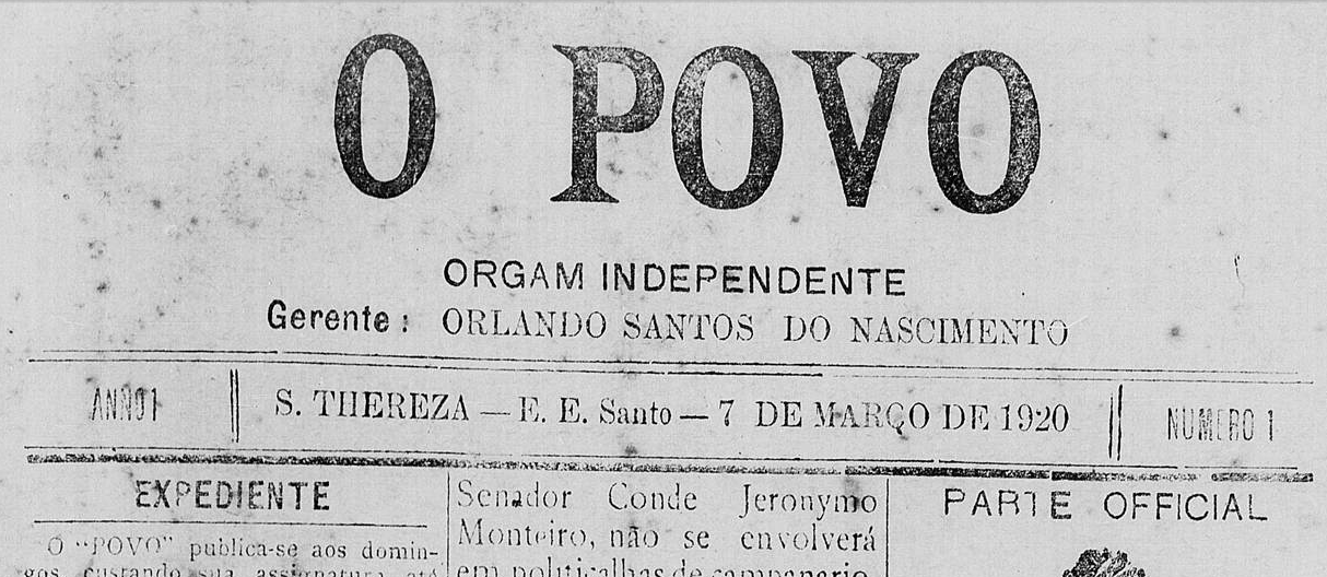 Primeira edição do jornal 'O Povo', a primeira publicação de Santa Teresa (ES), datada de 7 de março de 1920. Foto: reprodução