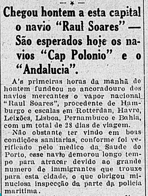 Navio Raul Soares: de embarcação de estrangeiros a centro de tortura de presos políticos. Na imagem, trecho de matéria do jornal 'O Paiz' de 13 de abril de 1929.