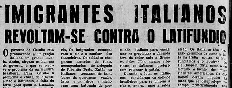 Manchete no jornal Voz Operária de 17 de janeiro de 1953: revolta contra condições de trabalho em colônias de imigrantes.