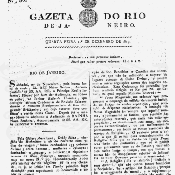 Trecho da capa da Gazeta do Rio de Janeiro, que era publicado sob censura da Corte portuguesa, em sua edição de primeiro de dezembro de 1819.