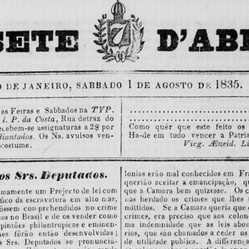 Primeira página do periódico “O Sete d’Abril”, edição de primeiro de agosto de 1835. Imagem: reprodução/Biblioteca Nacional
